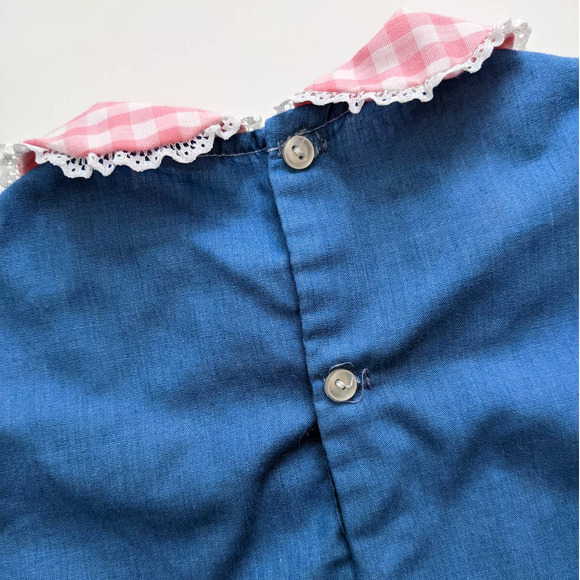 Vintage Girl's Jumper Dress Pink Gingham & Blue Cute Embroidered Mouse Detail - Picture 9 of 10